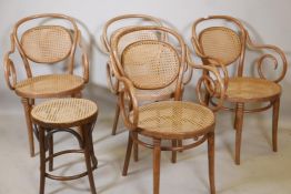 A set of four bentwood and cane conservatory chairs, and a matching stool, 34½" high
