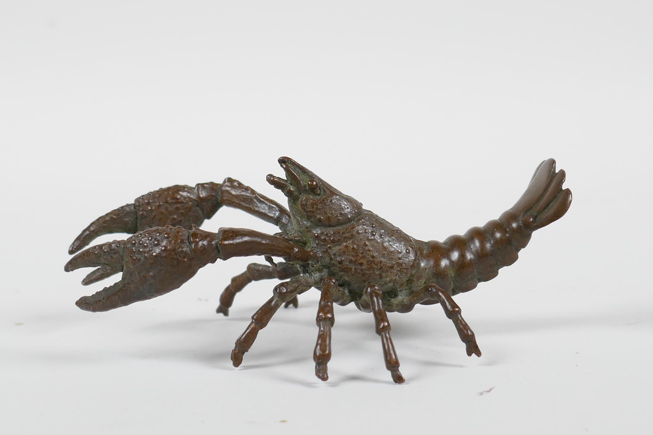 A Japanese Jizai style bronze crayfish, impressed mark to base, 4" long - Image 2 of 5