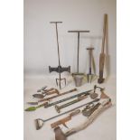A collection of vintage tools, including a French bulb planter, a deep root lifter, Wikeham weed