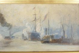 Shipping in the Pool of London, inscribed on frame plaque 'The Pool', Charles Dixon, oil on card
