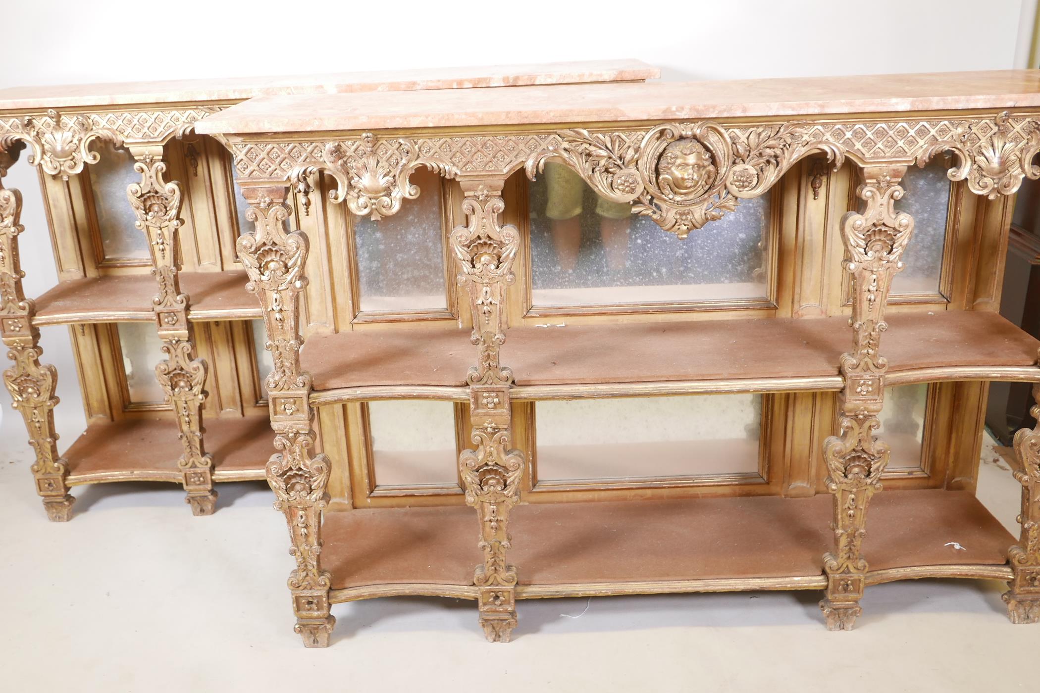 A pair of early C19th carved giltwood mirror backed console tables, with Sienna marble tops and - Image 2 of 8