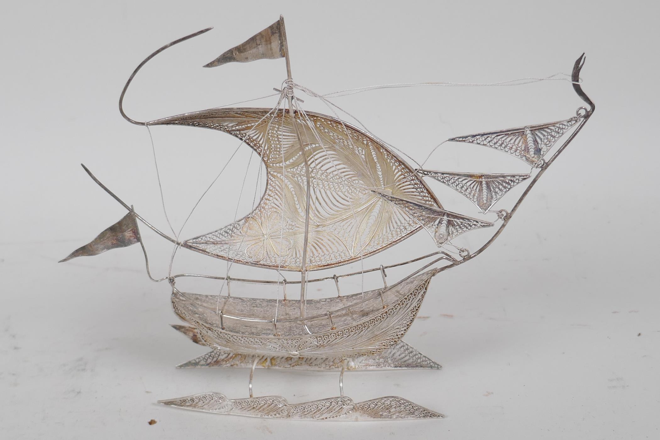 A silver filigree model of a sailing ship, 6½" long, and a small silver pin tray with engine - Image 3 of 5