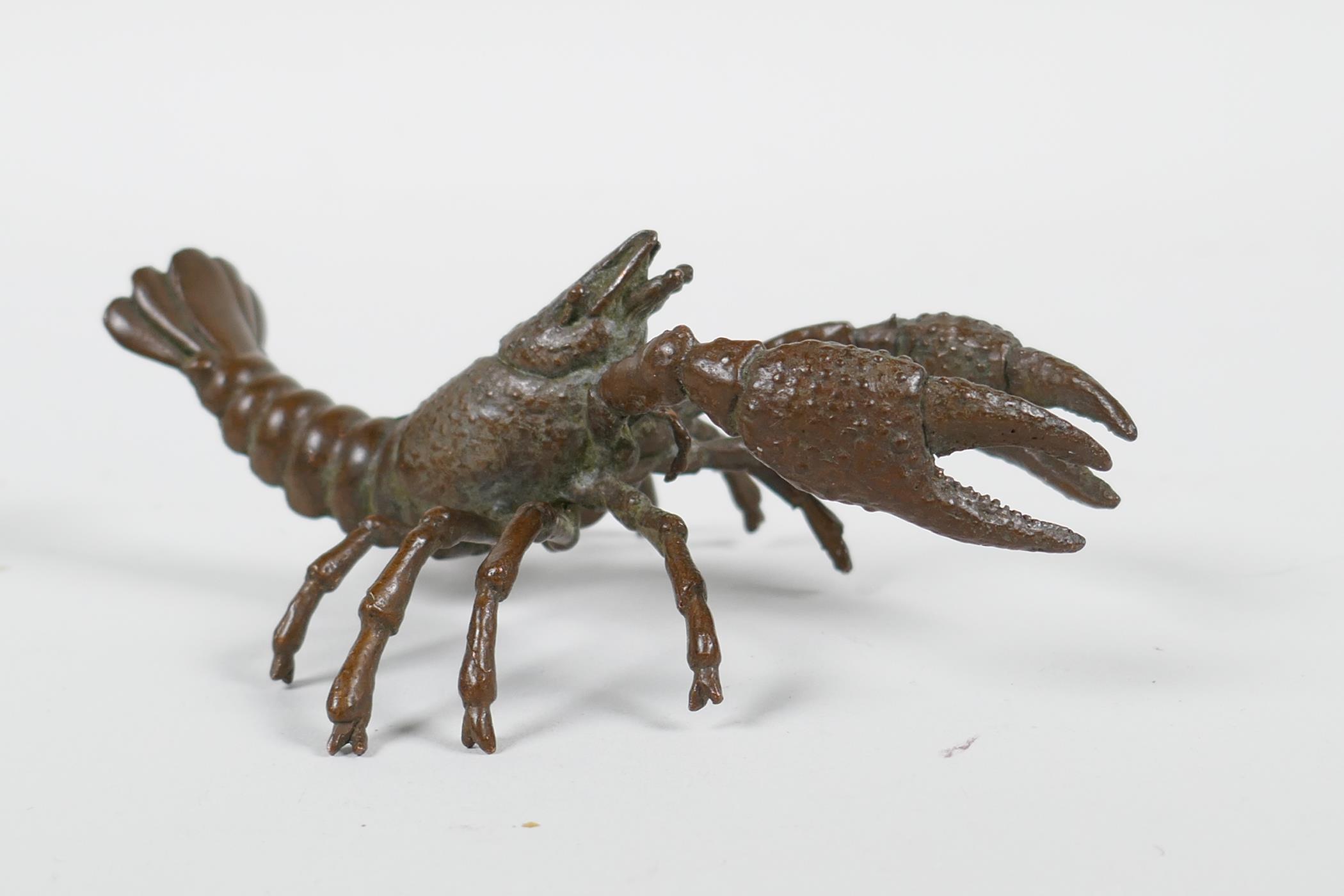 A Japanese Jizai style bronze crayfish, impressed mark to base, 4" long - Image 3 of 5