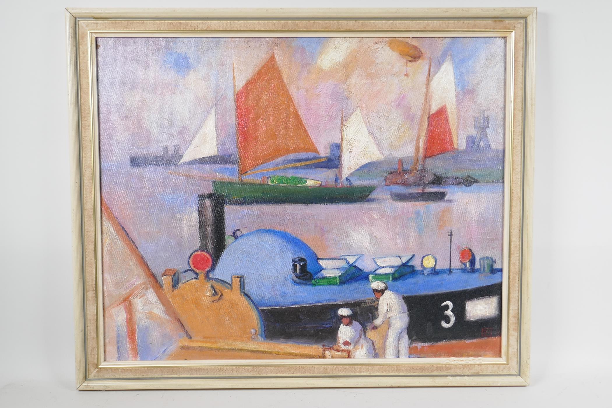 Scottish colourist, harbour scene, monogrammed FC, oil on board, with another harbour scene to the - Image 2 of 5