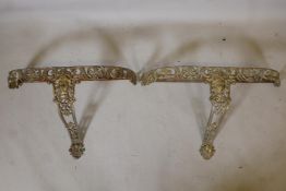 A gilt brass wall mounted demi lune console table, and another smaller, lack tops, 30" x 8", 18"