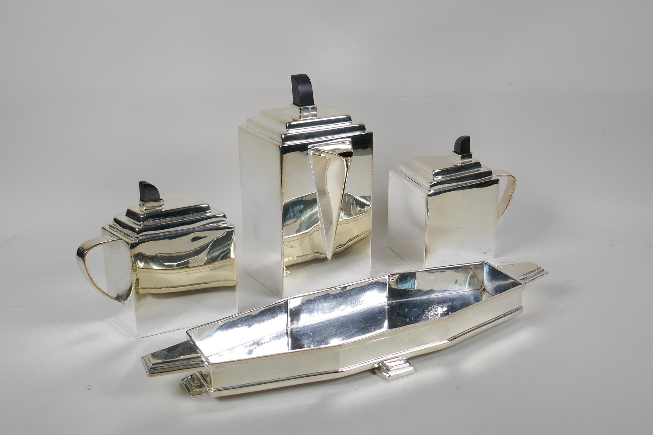 A Christopher Dresser style three piece silver plated tea set, 15½" long - Image 3 of 4