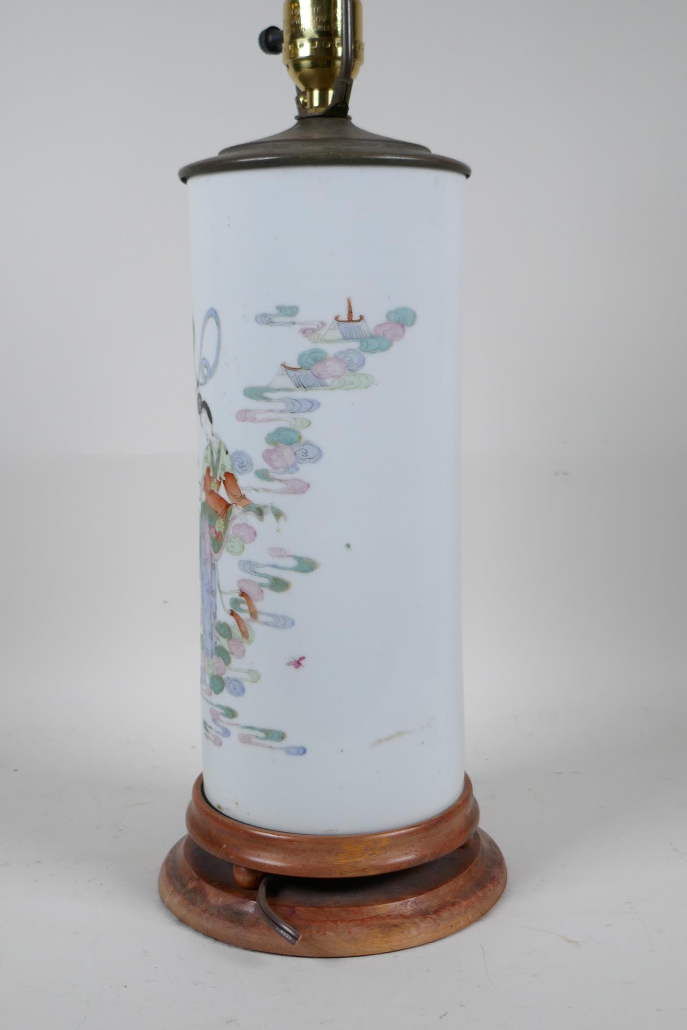 A Chinese famille rose porcelain cylinder vase converted to a lamp with a hardwood base and brass - Image 3 of 5
