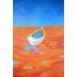 Annelise Frydenberg (contemporary Danish), Boat on red sea, oil on canvas, 25" x 22"