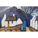 After Markey Robinson, Irish School, figures by cottages with distant mountains, oil on canvas