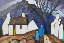 After Markey Robinson, Irish School, figures by cottages with distant mountains, oil on canvas