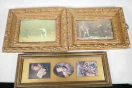 Two colour prints of duelling swordsmen in good gilt plaster frames, largest 11" x 7", together with