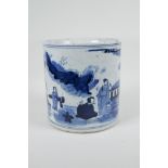 A Chinese Republic period blue and white porcelain brush pot decorated with figures in a