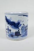 A Chinese Republic period blue and white porcelain brush pot decorated with figures in a