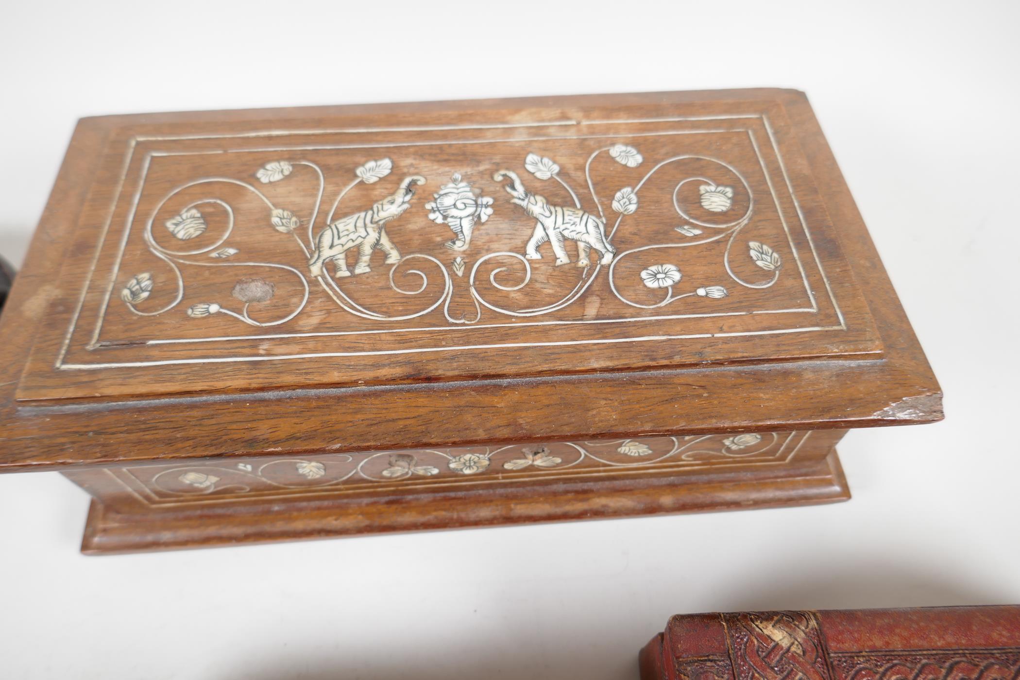 An Indian bone inlaid oblong box, 9" x 5" x 3", A/F, together with a brass inlaid hardwood box - Image 2 of 4