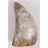 A replica composition whale tooth scrimshaw decorated with an island map, 6" long