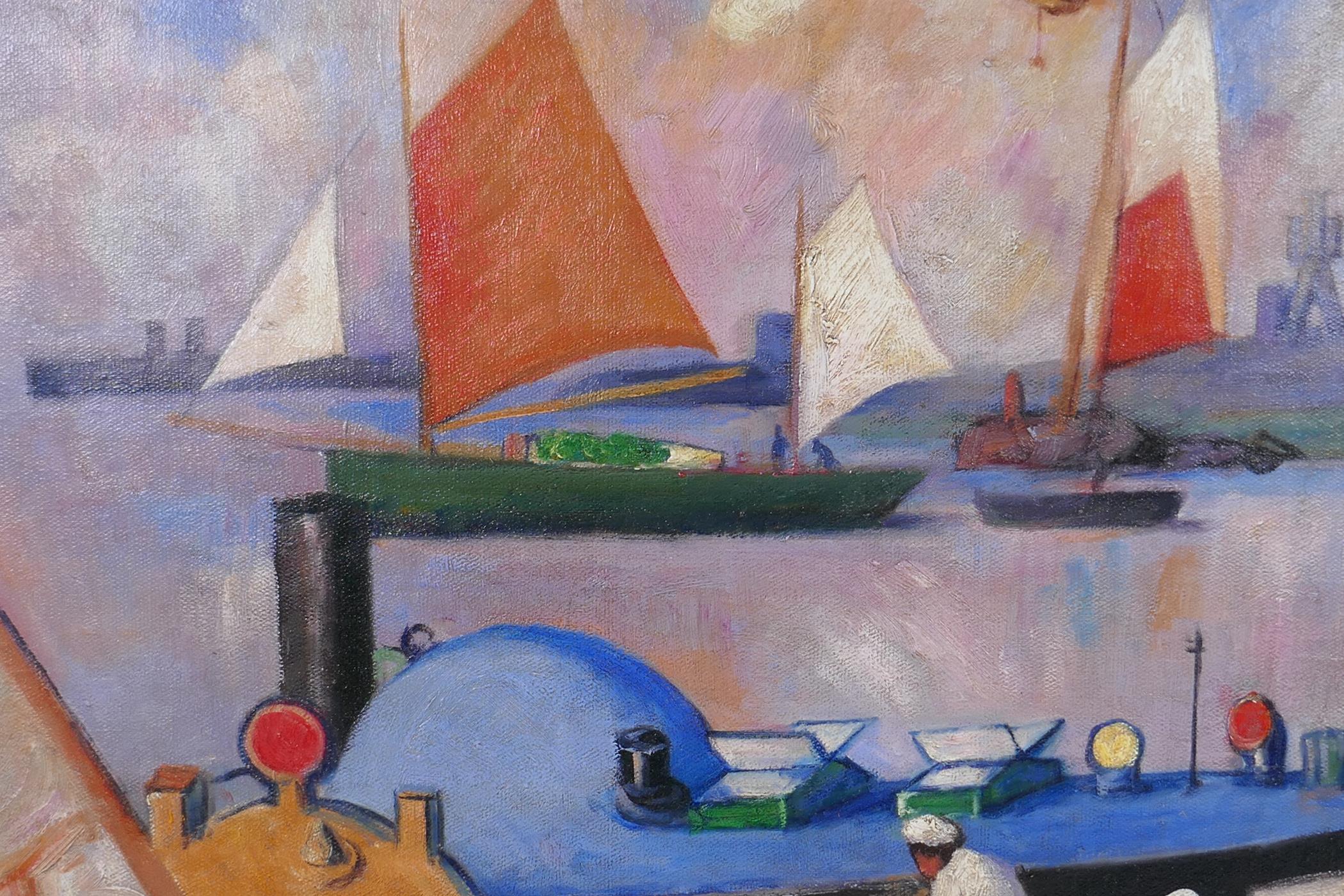 Scottish colourist, harbour scene, monogrammed FC, oil on board, with another harbour scene to the