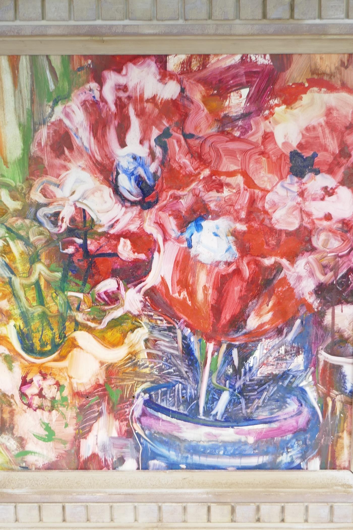 Red flowers in a bowl, inscribed verso 'Thos. Kennedy', dated 56, oil on board, 20½" x 18" - Image 2 of 4