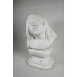 A marble bust of a girl mounted on a marble socle, signed Beli, 19" high total