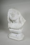 A marble bust of a girl mounted on a marble socle, signed Beli, 19" high total