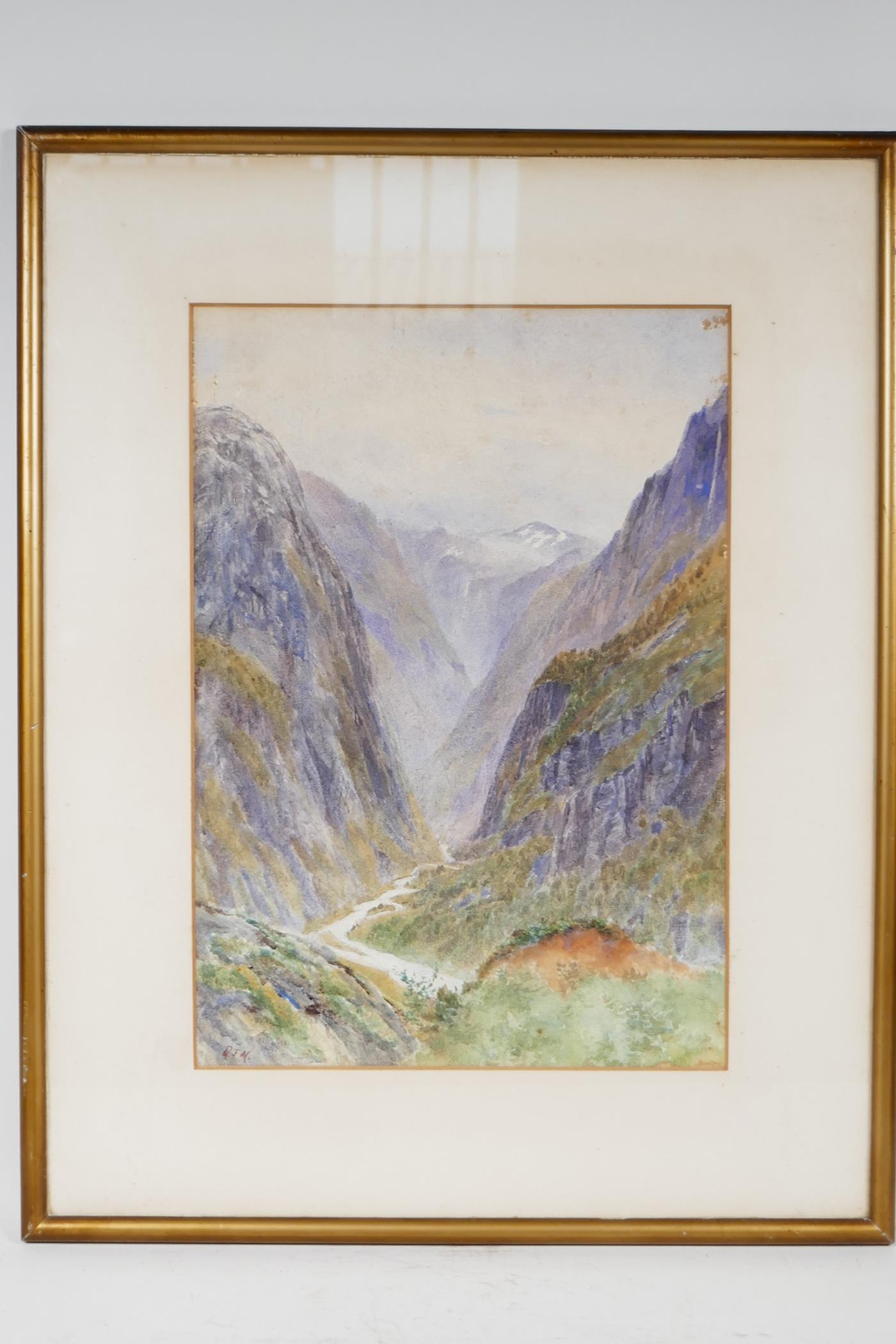 A watercolour mountain landscape with deep river gorge initialled RJM, 9½" x 13½", - Image 3 of 4