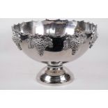 A large plated pedestal punch bowl decorated with bunches of grapes, 15" diameter, 10" high
