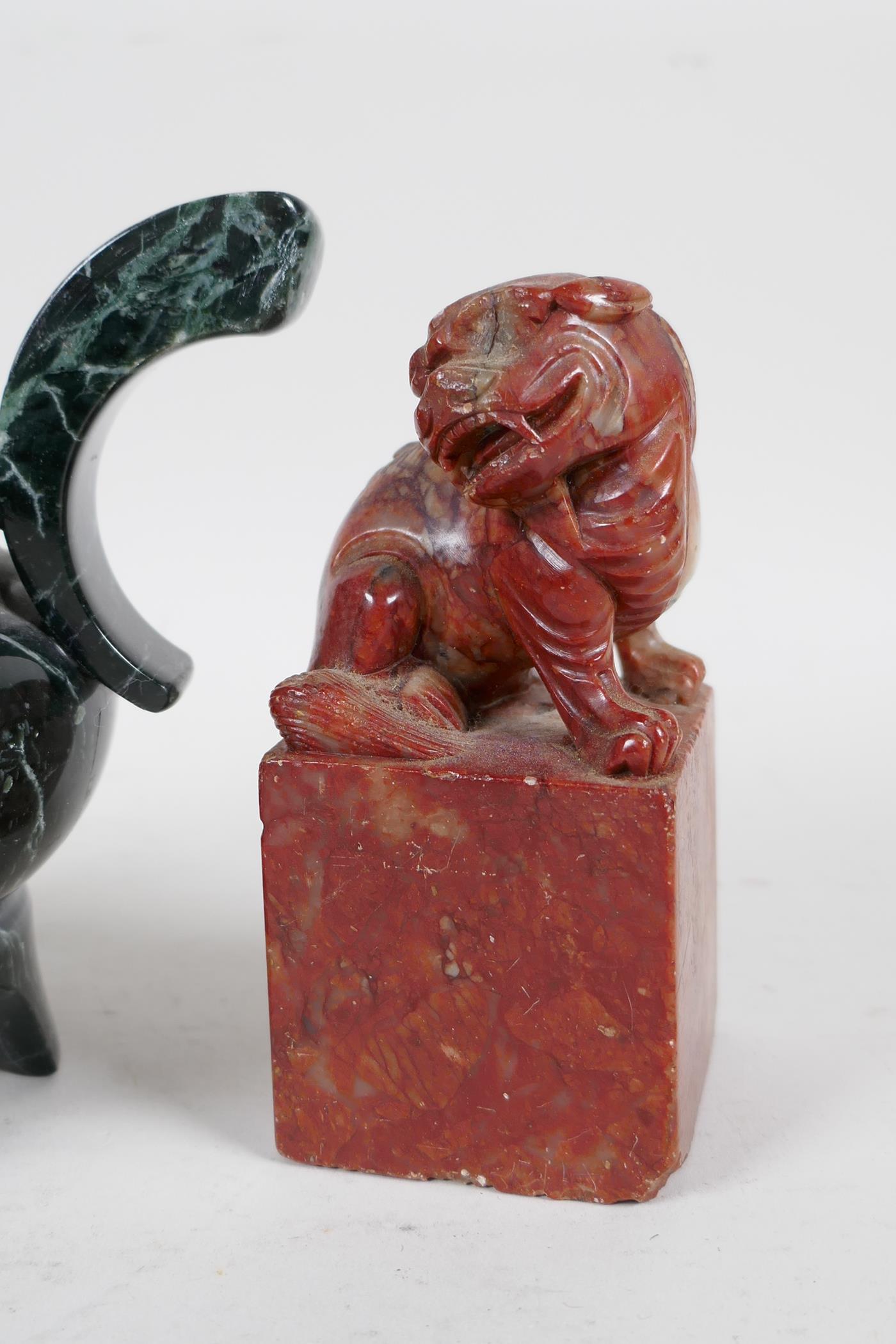 A pair of Chinese red soapstone seal blanks with carved kylin knops, together with a vert de mer - Image 3 of 6