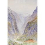 A watercolour mountain landscape with deep river gorge initialled RJM, 9½" x 13½",