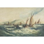 Maritime scene with fishing boats near a harbour, indistinctly signed E. Ellis (?), 15" x 21"