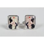 A pair of sterling silver cufflinks set with cold enamel plaques depicting a Vargas style pinup