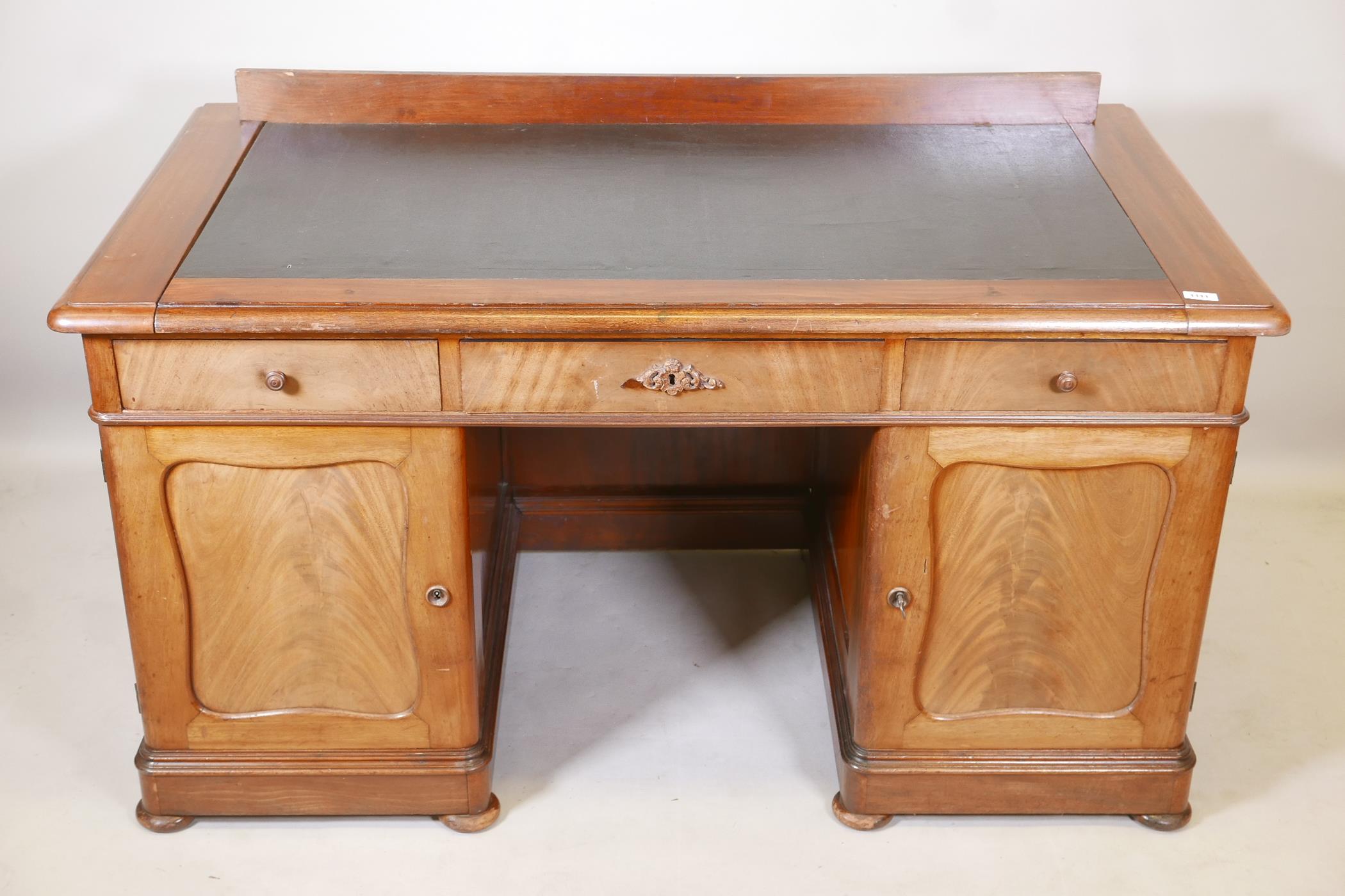 A good quality Swedish mahogany twin pedestal desk with inset leather writing surface over three - Image 2 of 4