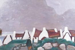 After Markey Robinson, Irish School, lakeside village with distant mountains, oil on canvas laid