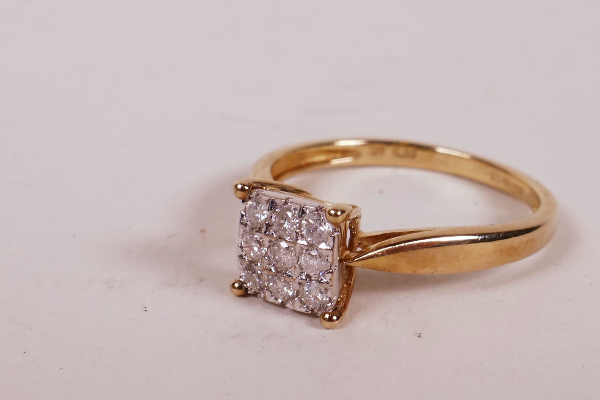 A 9ct yellow gold ring set with a cluster of nine diamonds, 1.6g, size 'L' - Image 3 of 3