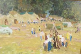 A Russian oil on board, figures at a summer camp, signed inscribed and dated 1956 verso, 17" x