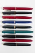 A collection of nine Parker fountain pens including Duofolds, 17s, Junior etc, most with 14ct nibs