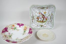 A C19th square porcelain serving plate painted in bright enamels with exotic birds and flowers,