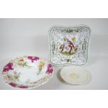 A C19th square porcelain serving plate painted in bright enamels with exotic birds and flowers,