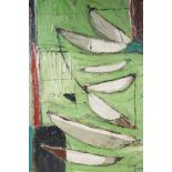 After Terry Frost, Newlyn School, 'Green, Black and White Movement', oil on board abstract,