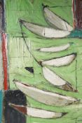 After Terry Frost, Newlyn School, 'Green, Black and White Movement', oil on board abstract,