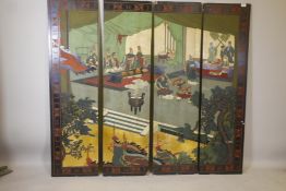 A set of four Chinese lacquer panels with polychrome and gilt decoration, each panel 56" x 15"