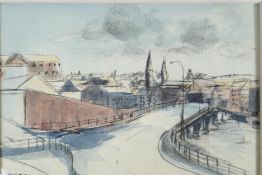 Harold Workman, riverside town and bridge, signed watercolour and charcoal, 8" x 11"