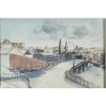 Harold Workman, riverside town and bridge, signed watercolour and charcoal, 8" x 11"