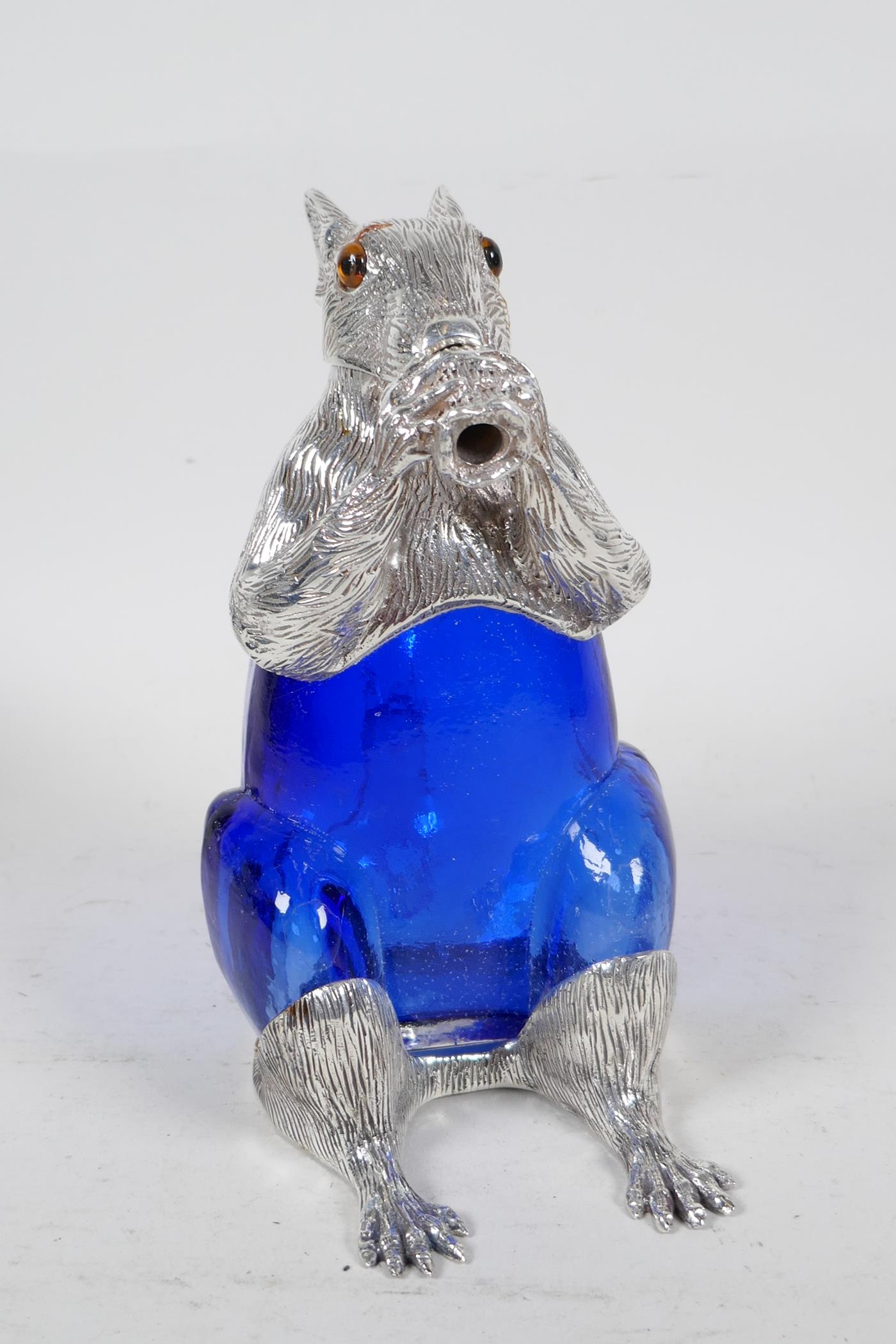 A silver plate and blue glass decanter in the form of a squirrel, 7" high - Image 2 of 4