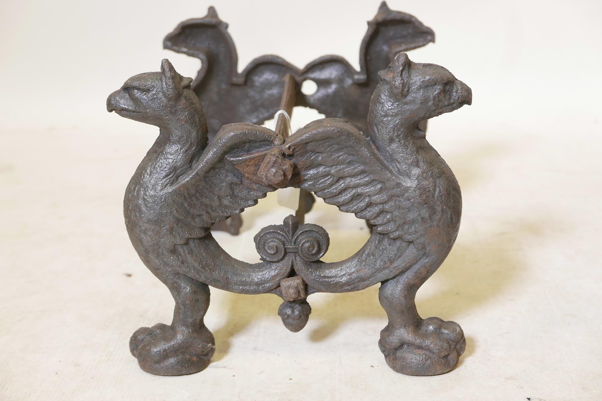 An antique cast iron bootscraper with winged griffin supports, 12" x 10" x 9" - Image 2 of 3