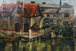 After Campbell A. Mellon, riverside dwellings, oil on canvas, unframed, 18" x 14"