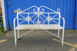 A painted metal two seater garden bench, 45" x 17", 37" high