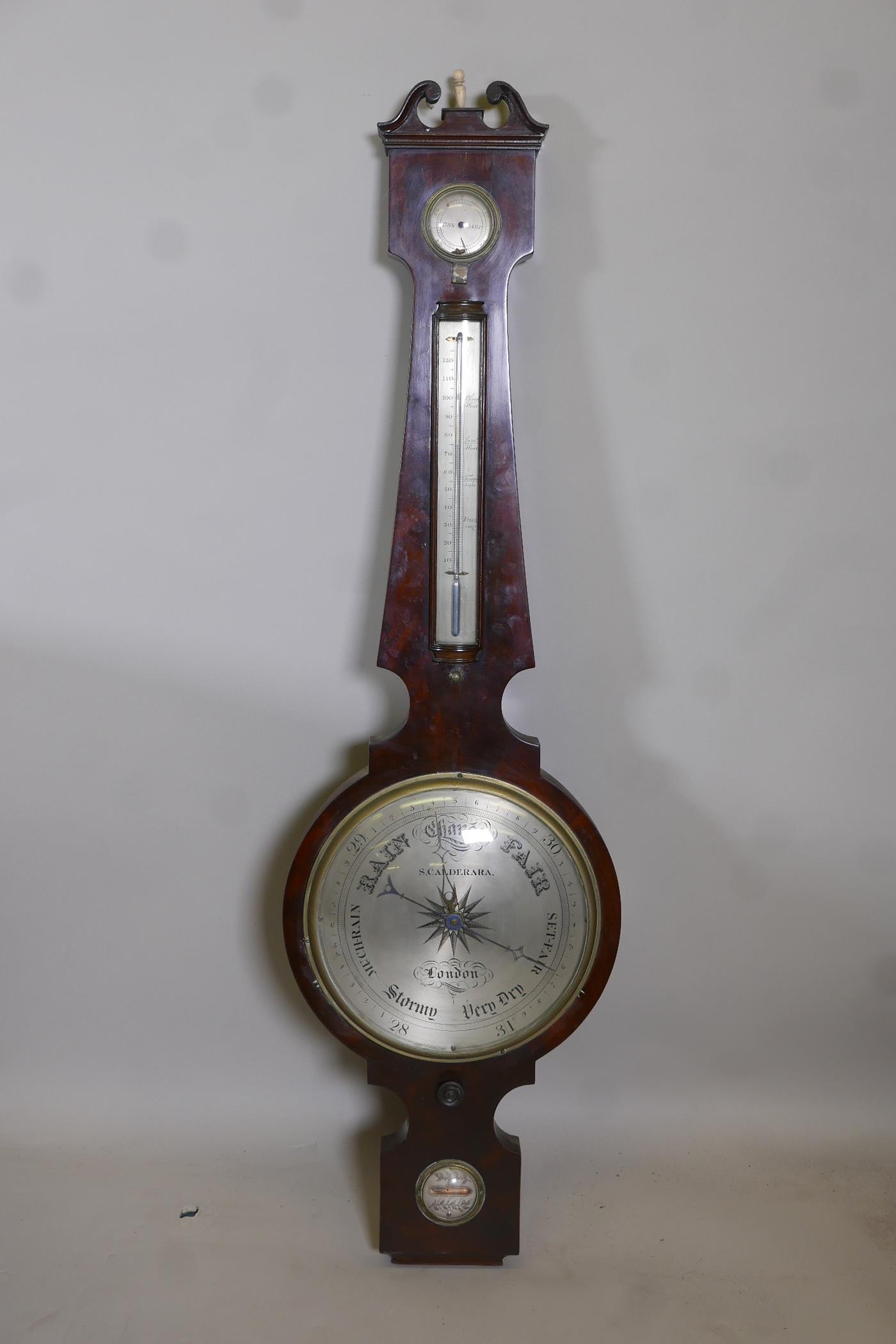 A C19th Regency flame mahogany banjo barometer by S. Calderara of London, 42" high