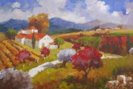 K. Powell, Continental landscape with vineyards surrounding whitewashed buildings, oil on canvas,