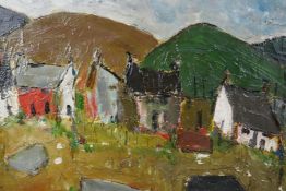 In the manner of Kyffin Williams, Welsh landscape with cottages and distant hills, impasto oil on