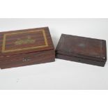 A small wooden writing box, the lid decorated with a Roman chariot, 10" x 7½" x 3½", together with a