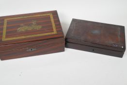 A small wooden writing box, the lid decorated with a Roman chariot, 10" x 7½" x 3½", together with a